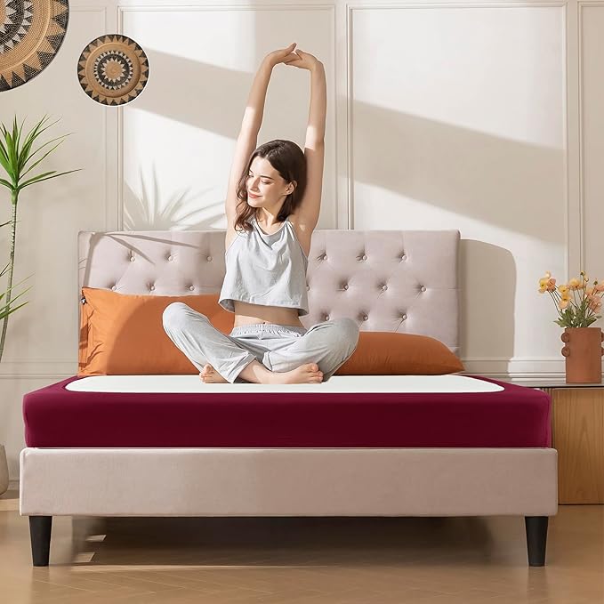 Biscaynebay Decorative Box Spring Cover King & Cal King Size, Burgundy Luxurious Jersey Knitting Stretchy Wrap Around 4 Sides Bed Skirt for Home/Hotels, Easy Fit Wrinkle & Fade Free Machine Washable