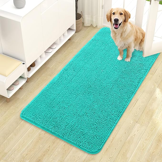 OLANLY Dog Door Mat for Muddy Paws 44x24, Absorbs Moisture and Dirt, Absorbent Non-Slip Washable Doormat, Quick Dry Chenille Mud Mat for Dogs, Entry Indoor Entryway Carpet for Inside Floor, Teal