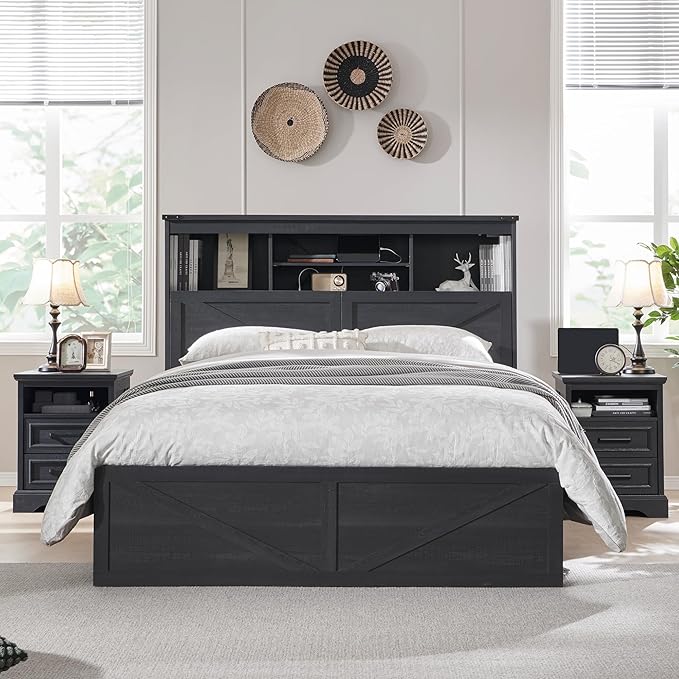 ACCOHOHO Farmhouse Queen Size Bed Frame with 52" High Storage Bookcase Headboard and 4 Drawers,Wooden Bed Frame with LED Light and Charging Station,Black