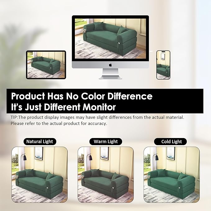80" Convertible Sofa Bed, 3-in-1 Corduroy Folding Pull Out Couch with Pillows, No Assembly Modern Boneless Couch Compression Sofa in Box, Floor Sofa with Side Storage for Living Room,Light Green