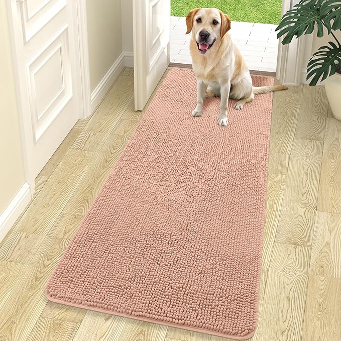 OLANLY Dog Door Mat for Muddy Paws 70x24, Absorbs Moisture and Dirt, Absorbent Non-Slip Washable Doormat, Quick Dry Chenille Mud Mat for Dogs, Entry Indoor Entryway Carpet for Inside Floor, Peach