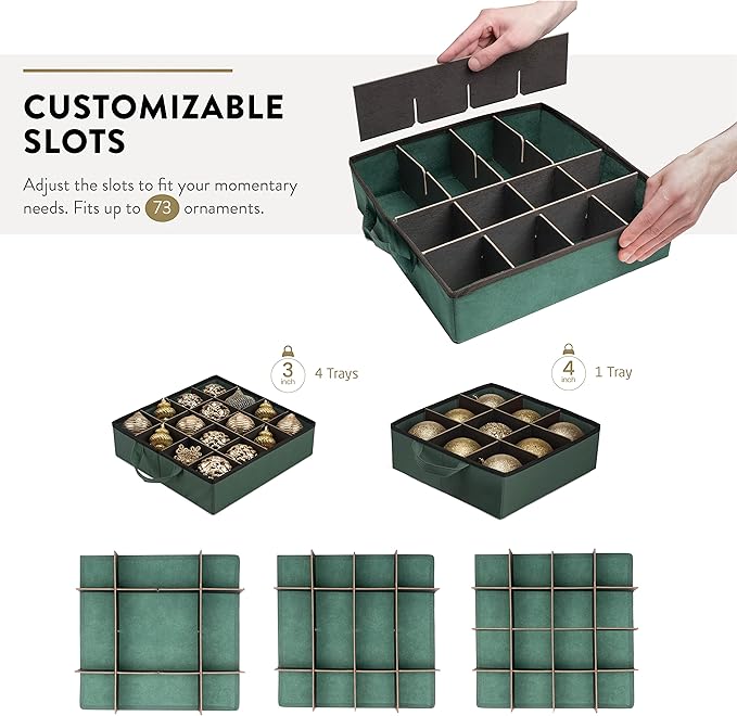 ZOBER All in One Christmas Ornament Storage Box & Decoration Container - Easy Access Removable Trays, Keeps 73 Ornaments - Adjustable Extent Area for Figurines and Pockets for Decoration - Green
