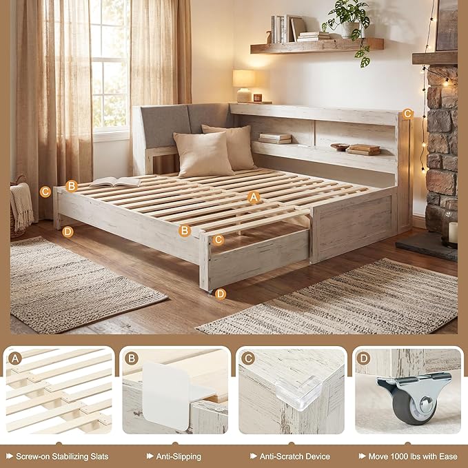 Corner Bed Frame with Extendable Trundle Bed and Bookcase Upholstered Headboard, 3-in-1 Twin Size Wood Daybed with LED Lights and Charging Station, for Bedroom, Guest Room, White