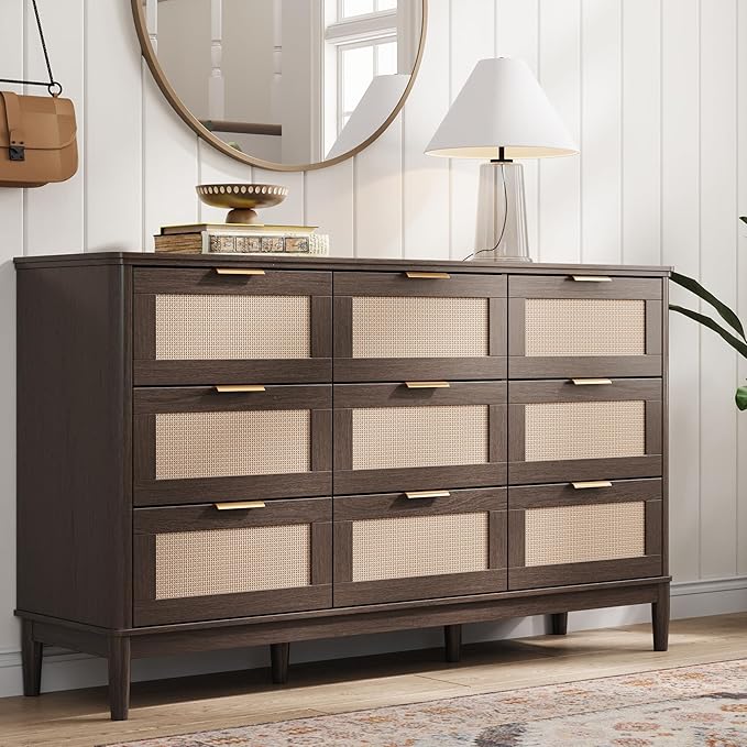 LINSY HOME Rattan Dresser for Bedroom with 9 Drawers, 58" Wide Chest of Drawers, Mid Century Modern Dresser TV Stand with Metal Handle, Wood Closet Storage Cabinet for Living Room, Hallway, Walnut