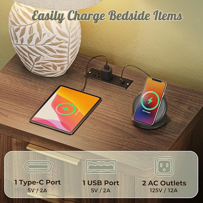 Huuger 27.6 Inch Tall Night Stand with Charger Station, USB-C Port, Fluted Nightstand with 2 Deep Drawers, Larger Wider Bed Side Table with Open Shelf, Bedroom Living Room End Table, Walnut