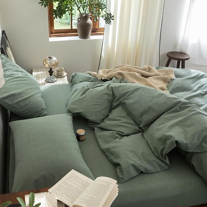 FOSSA Duvet Cover Set 100% Washed Cotton Linen Feel Super Soft Breathable Cozy Simple Style 3 Pieces Bedding Sets Solid Heathered Green King
