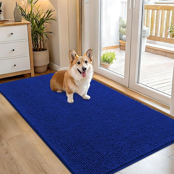 OLANLY Dog Door Mat for Muddy Paws 54x32, Absorbs Moisture and Dirt, Absorbent Non-Slip Washable Doormat, Quick Dry Chenille Mud Mat for Dogs, Entry Indoor Entryway Carpet for Inside Floor, Royal Blue