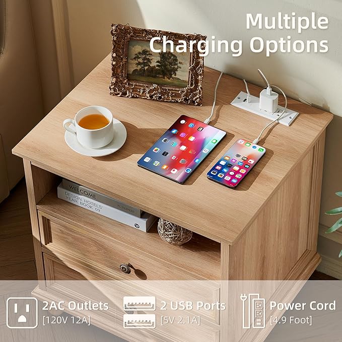 24" Wide Farmhouse Nightstand Set of 2 with Charging Station,End Table with 2 Drawers,Natural Wood Dresser for Bedroom Cabinet, Bed Side Table Chest of Drawers, Night Stand for Living Room