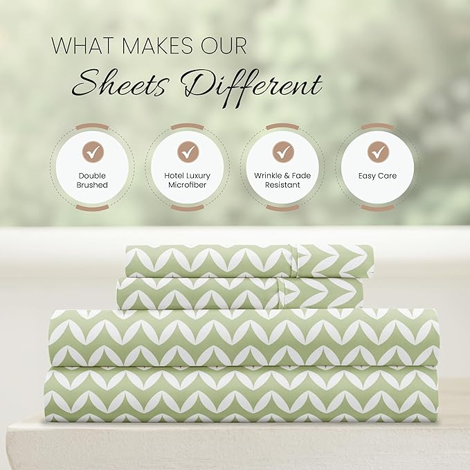 Linen Market Double-Brushed Patterned Microfiber Full Sheet Set 4 Piece – Oeko-TEX Certified Ultra Soft & Wrinkle-Free - 16" Deep Pocket Sheets - Easy Care Full Size - Puffed Chevron Sage