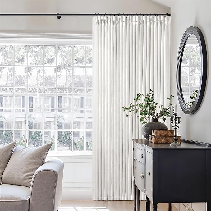 Ivory White Extra Wide Pinch Pleat Linen Curtains 84 Inches Long for Living Room Sliding Glass Door 100 Inch Wide Curtain Memory Trained Pleated Drape with Hooks Rings 100x84 Large Window Curtain