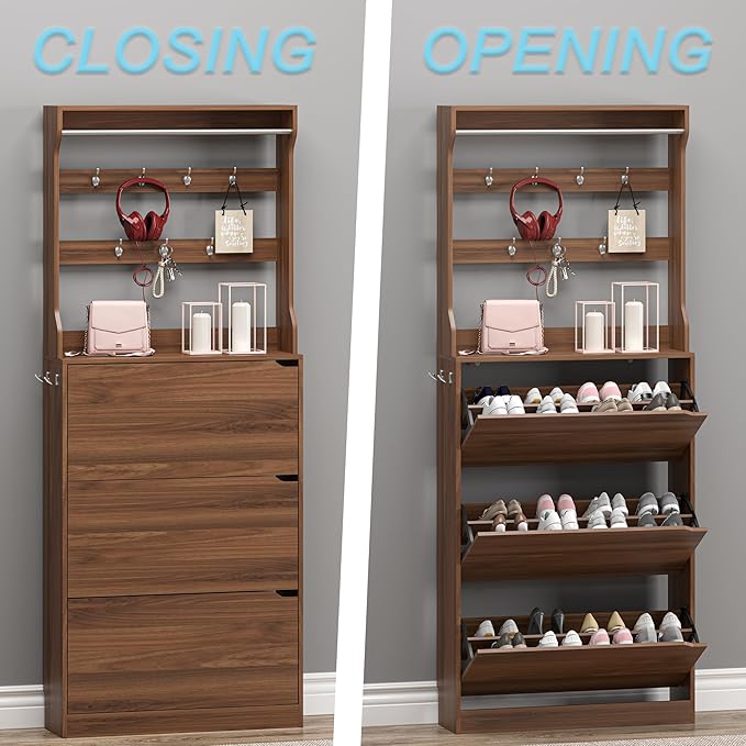 Shoe Cabinet with 3 Flip Drawers & Coat Rack, Narrow Hidden Shoe Storage Cabinet, 2-in-1 Hall Tree Slim Freestanding Shoe Rack Organizer for Entryway, Hallway, and Living Room