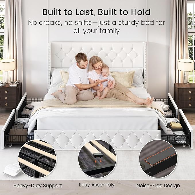 LARMACE King Size Bed Frame with 4 Storage Drawers and Wingback Headboard Velvet Upholstered Platform Bed Frame Tufted Beds with Wooden Slats Support, Easy Assembly, White