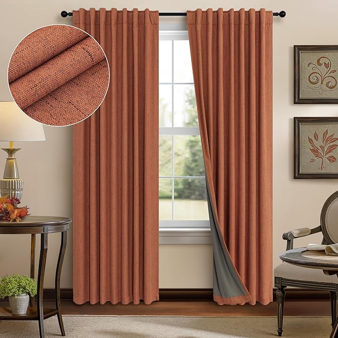 Terracotta Black Out Curtains 72 Inch Long Western Blackout Window Curtain & Drapes 72 Inch Length 2 Panel Viral Retro Vintage Linen Farmhouse for Bedroom Dining Living Room Pumpkin 70s Decor Hippie