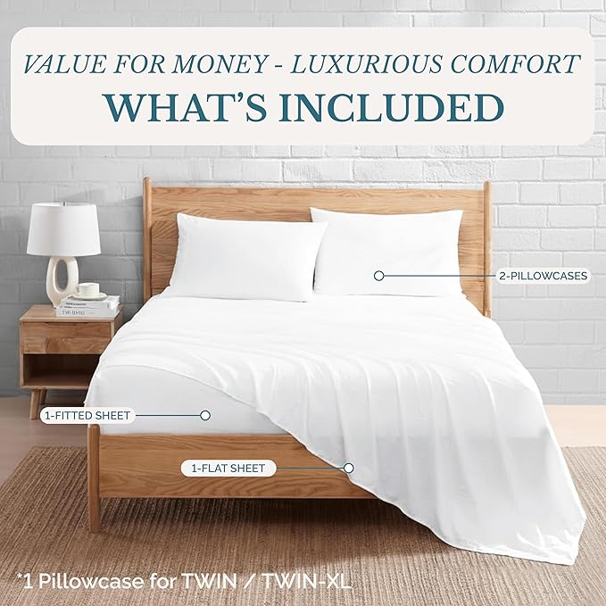 Casa Platino Queen Size Sheet Set, Brushed Microfiber Bedding with 15” Deep Pockets, Pre-Washed for Soft Touch, Cozy and Airy Feel, Lightweight Queen Bed Sheet Set for Year-Round Use – White