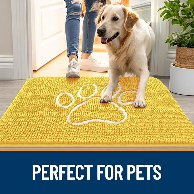 OLANLY Dog Door Mat for Muddy Paws 36x24, Paw Print Design, Absorbs Moisture and Dirt, Absorbent Non-Slip Washable Doormat, Quick Dry Chenille Mud Mat for Dogs, Entry Indoor Entryway Carpet, Yellow