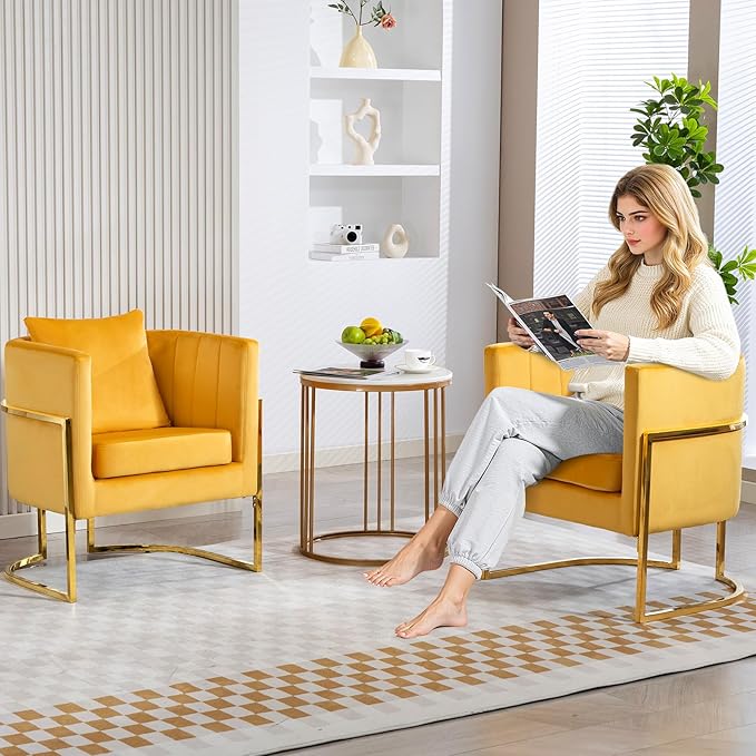 Velvet Modern Accent Chairs Set of 2, Upholstered Barrel Armchair Mid Century with Pillow for Living Room, Comfy Single Vanity Chair with Metal Gold Legs for Bedroom, Yellow