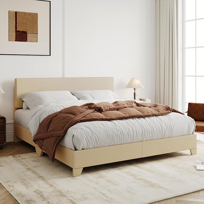 Allewie Queen Size Bed Frame with Adjustable Headboard, Upholstered Platform Bed with Wood Slats, Heavy Duty Mattress Foundation, No Box Spring Needed, Noise-Free, Easy Assembly, Beige
