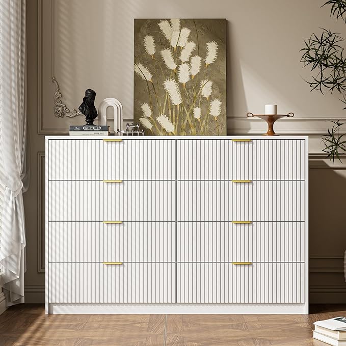 3-Piece Dresser Bedroom Set, 8 Drawer Dresser & 2 Drawer Nightstands with Gold Handles, Fluted Wood Chest of Drawers for Bedroom, Living Room, Entryway, White