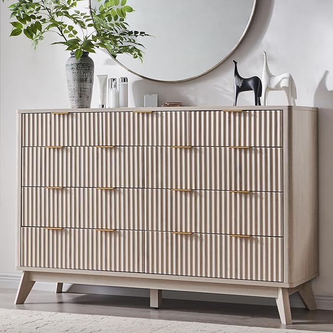 T4TREAM Fluted 9 Drawers Dresser, 54" Wide Modern Chest of Drawers, Curved Profile Design, Dresser TV Stand, Wood Drawer Organizer for Bedroom, Living Room, Hallway, White Alder