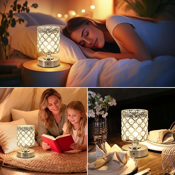 TOBUSA 6000mAh Crystal Battery Operated Lamp, Silver Modern Cordless Table Lamp Rechargeable, Portable Bedside Touch Small Desk Lamp 3000K-4500K-6000K, Stepless Dimmable Wireless LED Night Light