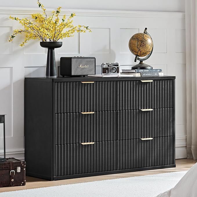 LEYAOYAO Fluted Dresser and Nightstand Sets, Wood 48" Wide Dresser & 23" Night Stand with Charging Station, 2 Piece Bedroom Furniture Set, Chest of Drawers for Bedroom, Home, Living Room, Black