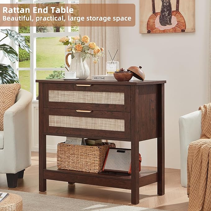 LEYAOYAO 31.5" Wide Rattan Night Stand, Oversized Large Walnut Nightstand with 2 Drawer, Boho Bed Side End Tables with Storage Shelf, Tall Bedside Table for Bedroom Living Room, Hallway