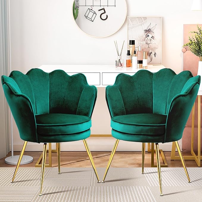 Accent Chairs Set of 2, Velvet Vanity Chair with Back, Mid-Century Modern Small Accent Chair for Living Room, Golden Metal Legs Upholstered Makeup Chair, Bedroom Armchair, Emerald Green
