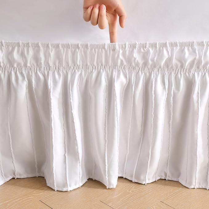 MIYE Striped Tufted Bed Skirt - Wrap Around Dust Ruffle with Elastic Belts - 12.5 Inch Drop Easy to Put On - Bedskirt Machine Washable ＆ Wrinkle Resistant(Striped/White, Full/Twin-12.5" Drop)