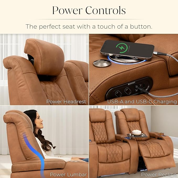 Seatcraft Diamante Zero-Gravity CoolZero Italian Leather Home Theater Seating, Power Headrest, Power Recline, Row of 4 Middle Loveseat, Tawny