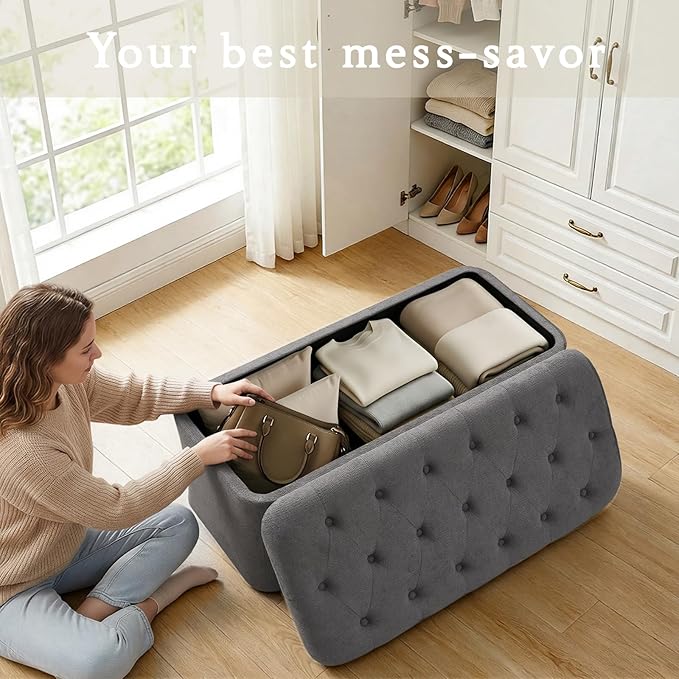 ONBRILL Storage Ottoman Bench, End of Bed Bench, 39.8 x 18.1 x 17.7 Inches Pouf Ottoman Foot Rest, Storage Benches Chest for Bedroom Entryway Living Room, Max 330 lbs, Grey