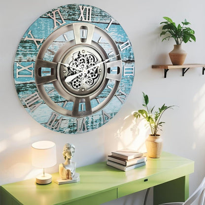 The Gears Clock Real Moving Gear Wall Clock England Line (Aqua Green, 24 inches (60 cm))