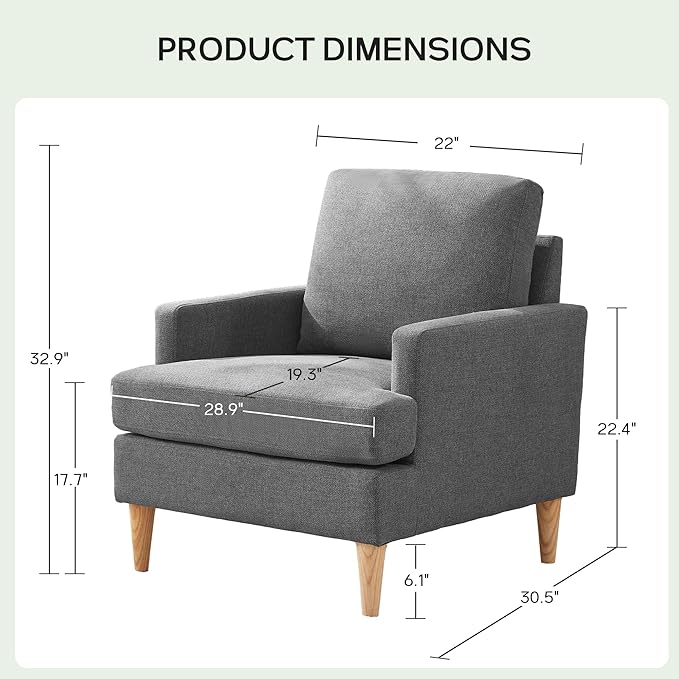 VKNOW Mid-Century Accent Chair, No Tools Assembly Required, Modern Upholstered Polyester Armchair for Living Room,Comfy Reading Accent Chairs with Wood Legs for Bedroom, Dark Grey