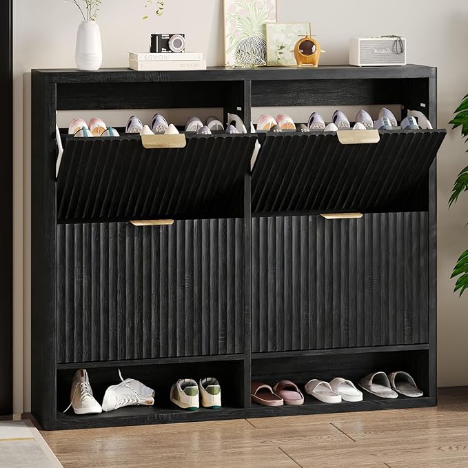 Fluted Shoe Cabinet Storage with 4 Flip Drawers, Narrow Shoe Storage Organizer for Entryway, Hidden Slim Wooden Shoe Rack Cabinet for Front Door Entrance, Hallway, Living Room (4-Drawer, Black)