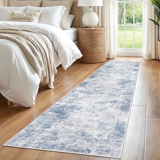 IOHOUZE Abstract Runner Rug 2x8 Ft Washable Runners for Hallways, Non Slip Kitchen Runner Printed Faux Wool Entryway Runner Indoor, Modern Floor Carpet for Hall Kitchen Bedroom, Light Blue White