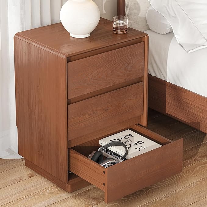 Solid Wood Nightstand, Natural Wood Night Stand with 3 Drawers, Mid Century Modern Nightstand with Storage, Bedside Table for Bedroom, Office, Brown