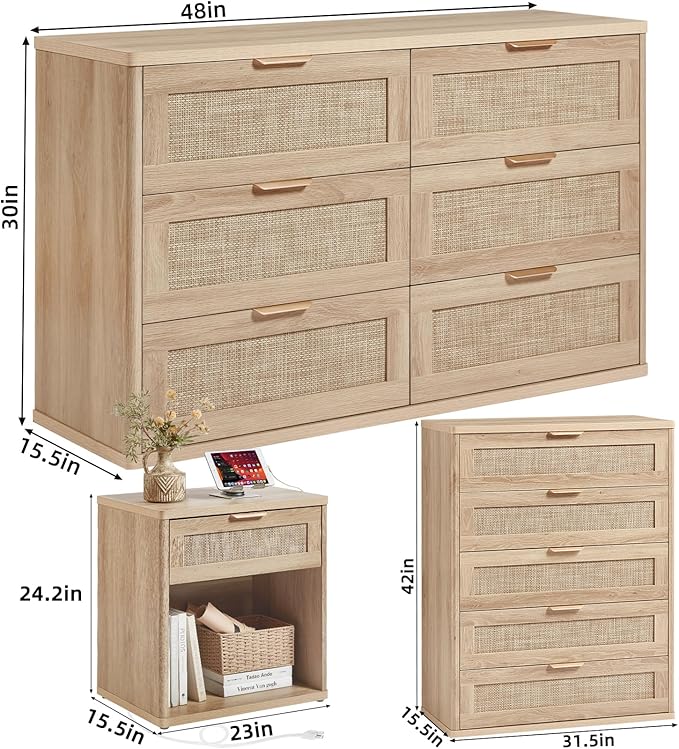 LEYAOYAO Rattan Dresser and Nightstand Set of 3, Boho Wood Dresser for Bedroom with 6 Drawers and Night Stand with Charging Station, Bedroom Furniture, Dressers & Chests of Drawers,Hallway,Living Room