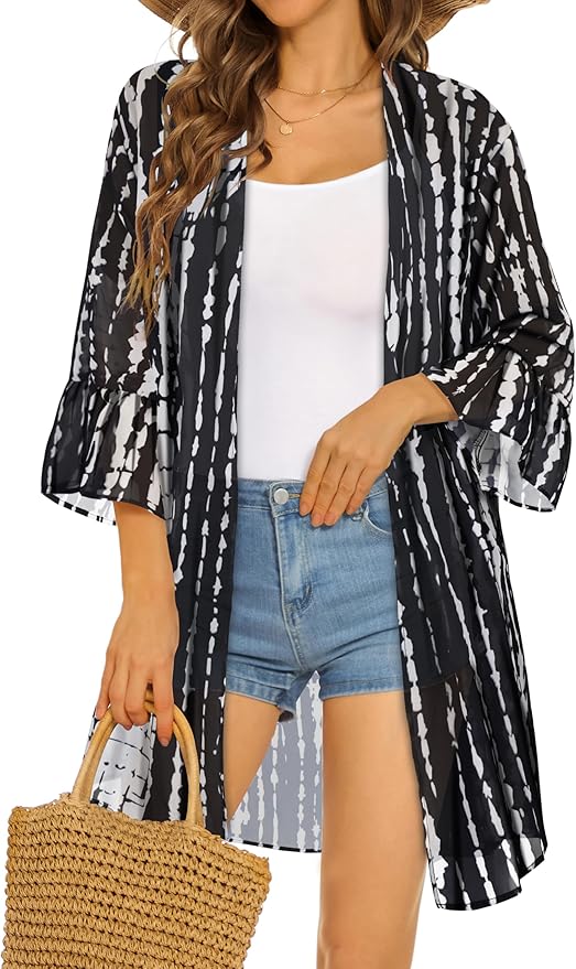 CHICGAL Womens Kimono for Summer Puff Sleeve Cardigan Casual Loose Fit Beach Cover Ups Resorts Swimwear