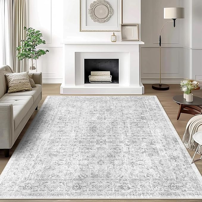 6x9 Area Rug, Ultra-Soft Washable Rug for Living Room, Dinner Room, Bedroom, Non-Slip Vintage Floral Rug, Indoor Carpet Large Area Rug, Grey