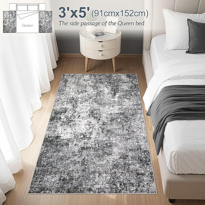 Area Rug Living Room Rugs - 3x5 Large Soft Indoor Neutral Modern Abstract Low Pile Washable Rug Carpet for Bedroom Dining Room Farmhouse Home Office - Grey