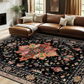 Area Rugs 7'x10' Washable Non-Slip, Floral Vintage Distress Print Pattern Medallion Carpet for Living Room Bedroom Dining Room, Black Colorful Floral Dark Tan