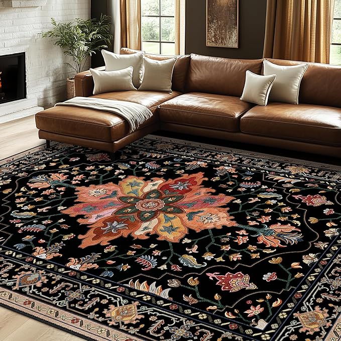 Area Rugs 7'x10' Washable Non-Slip, Floral Vintage Distress Print Pattern Medallion Carpet for Living Room Bedroom Dining Room, Black Colorful Floral Dark Tan
