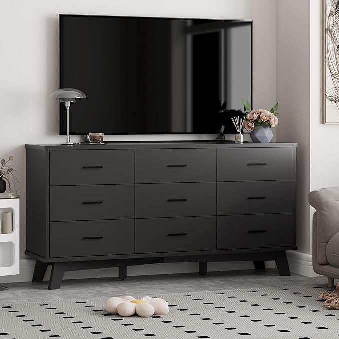 Dresser for Bedroom, Wide Wood 9 Drawer Modern Chest of Drawers with X-Shaped Sturdy Base, Double Dresser Closet Clothes Storage Organizer, Wooden TV Stand for Living Room, Hallway, Black