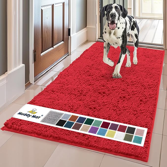 Muddy Mat® | Super Absorbent Door Mat Indoor, Microfiber Quick Dry Chenille Entryway Rug, Non-Slip Front Door Mat, Indoor Mats for Entryway, Machine Washable Pet Rug, Red 24" x 72"