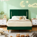 Twin Platform Bed Frame, Velvet Upholstered Bedframe with Vertical Channel Adjustable Headboard, Golden Plating Trim, Mattress Foundation with Wooden Slats, No Box Spring Needed, Green
