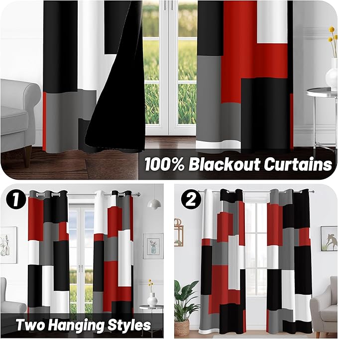 Red Black 100% Blackout Curtains for Bedroom 63 inch Length 2 Panels Set White Grey Modern Abstract Geometric Black Out Curtains Insulated Room Darkening Window Drapes for Living Room, 42Wx63L