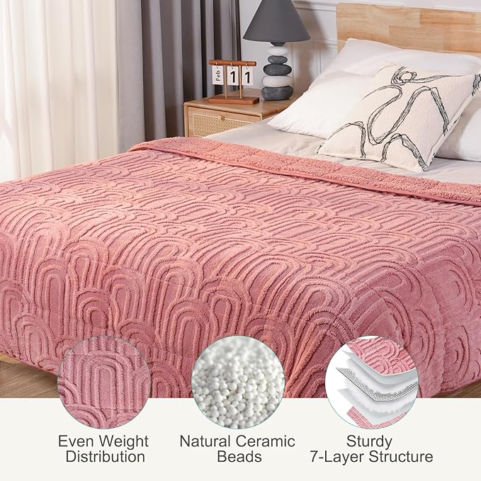 Sherpa Fleece Adult Weighted Blanket Great for Sleep, 15 lbs Dual Sided Soft Fuzzy Heavy Blankets for Couch Bed Sofa, Cozy Warm Arched Jacquard Throw for Winter (Apricot Pink, 60" x 80", 15 Pounds)