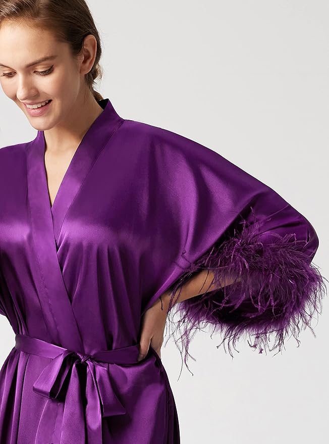 PRODESIGN Satin Kimono Robe Long Silky Bathrobe with Ostrich Feather Trim Sleepwear Wedding Bridesmaid Dressing Gown