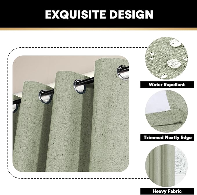 PrinceDeco Linen Blackout Curtains 108 Inches Long 100% Blackout Curtains for Sliding Glass Doors Extra Wide Patio Door Curtains for Sliding Glass Door,W100 X L108 Inch,Sage