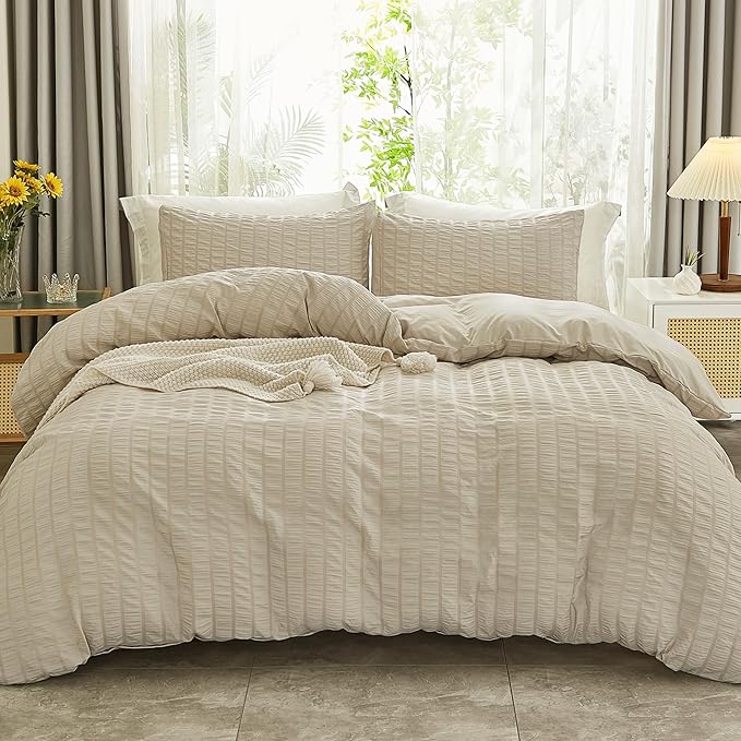 AveLom Beige Seersucker Duvet Cover Set Full Size (80 x 90 inches), 3 Pieces (1 Duvet Cover + 2 Pillow Cases), Ultra Soft Washed Microfiber, Textured Duvet Cover with Zipper Closure, Corner Ties