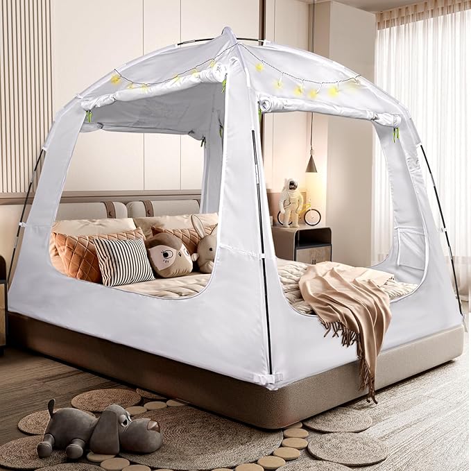 Bed Tent Bed Canopy Full Size for Kid and Adults 100% Breathable Tents 4 Doors 80% Blackout - Indoor Portable Sleeping Tents Privacy Large Space with String Light